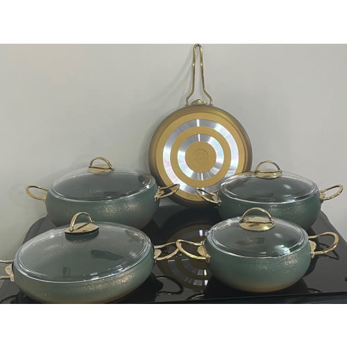 O.M.S 9Pcs Non Stick Professional Cookware Set Casserole Pot - Green