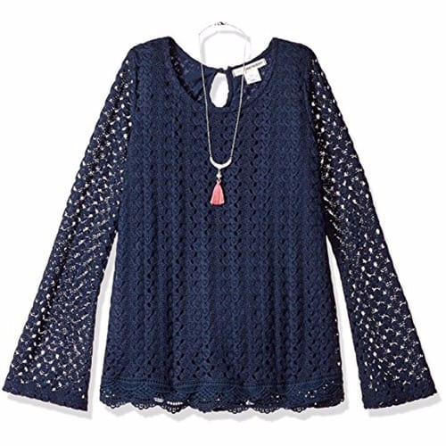 Long Bell Sleeve Top With Necklace - Blue