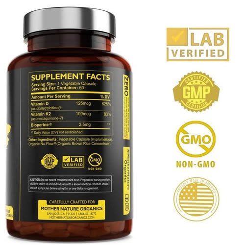 Mother Nature Organics - Vitamin K2 + D3 D3 5000iu W Mk7 Vitamin K2 100mcg - 60 Caps