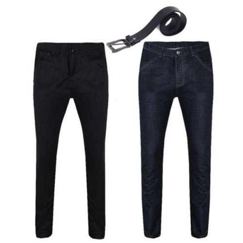Mens Classic Stone Jeans - Blue & Black -  Set of 2 With Black + 100% Leather Belt