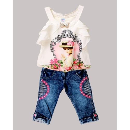 2 Pcs Sleeveless Princess White Top And Half Jeans