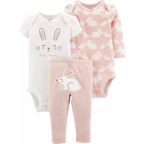 Baby Girl Baby Bunny Bodysuits And Matching Pant - 3 Set- Blush Pink.