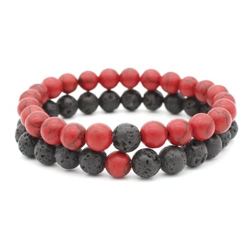 2 In 1 Sunset Matt Stone Beads Bracelet - Red & Black