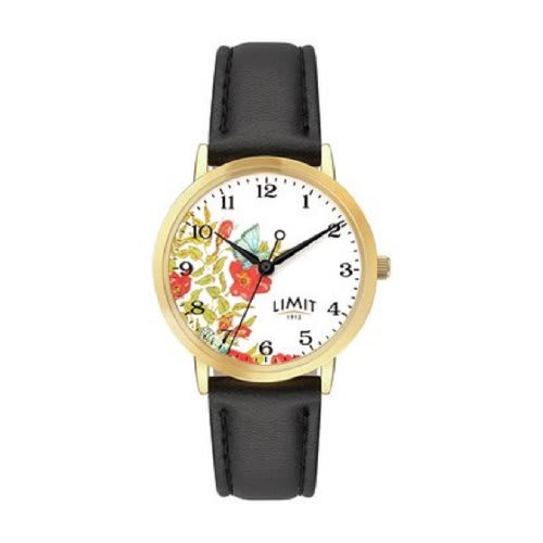 Floral Dial Black Strap Ladies Watch