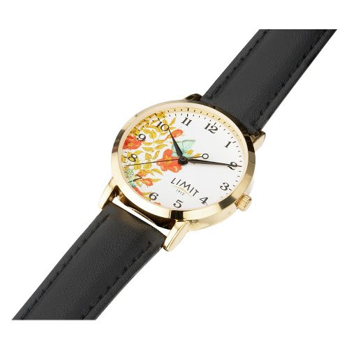 Floral Dial Black Strap Ladies Watch