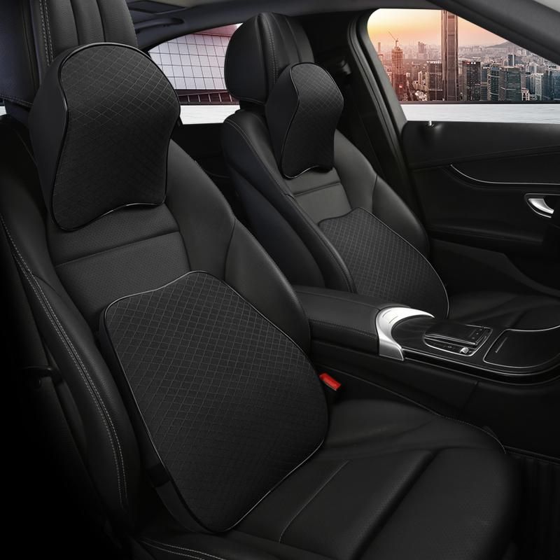 Ice Silk Leather Car Neck Pillow Memory Foam Auto Rear Seat Back Headrest Lumbar Supports Travel Cushion Cover Auto Accessories