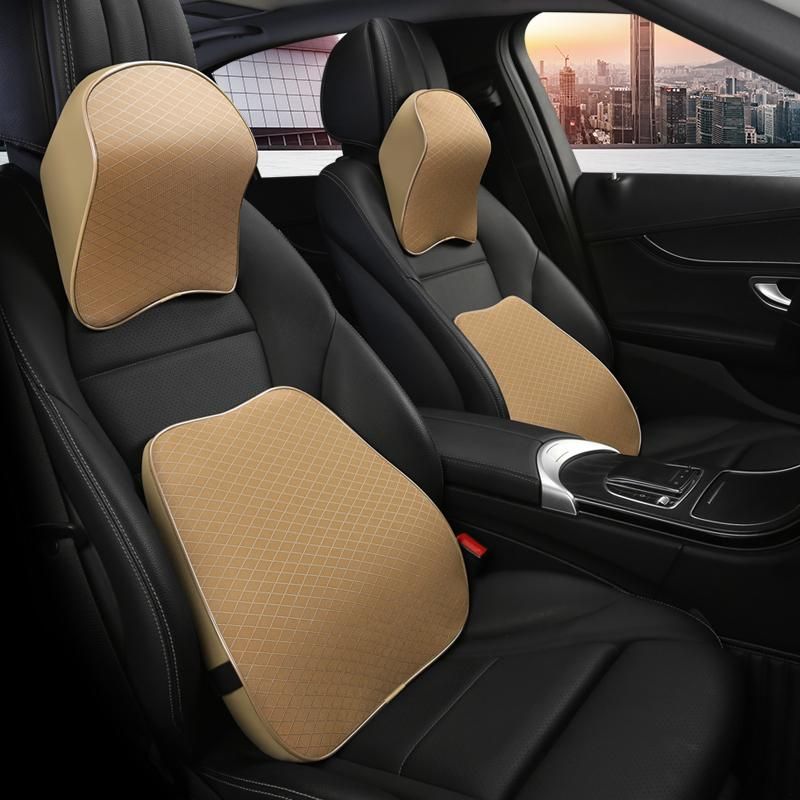 Ice Silk Leather Car Neck Pillow Memory Foam Auto Rear Seat Back Headrest Lumbar Supports Travel Cushion Cover Auto Accessories