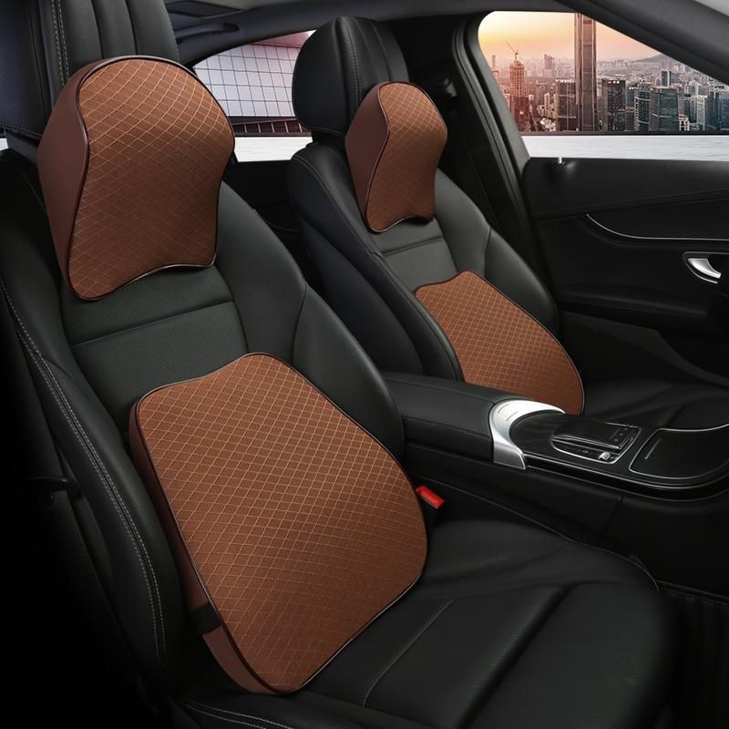 Ice Silk Leather Car Neck Pillow Memory Foam Auto Rear Seat Back Headrest Lumbar Supports Travel Cushion Cover Auto Accessories