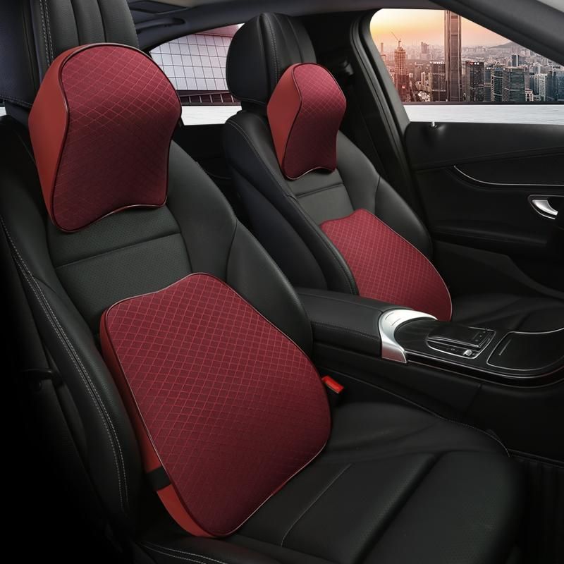 Ice Silk Leather Car Neck Pillow Memory Foam Auto Rear Seat Back Headrest Lumbar Supports Travel Cushion Cover Auto Accessories