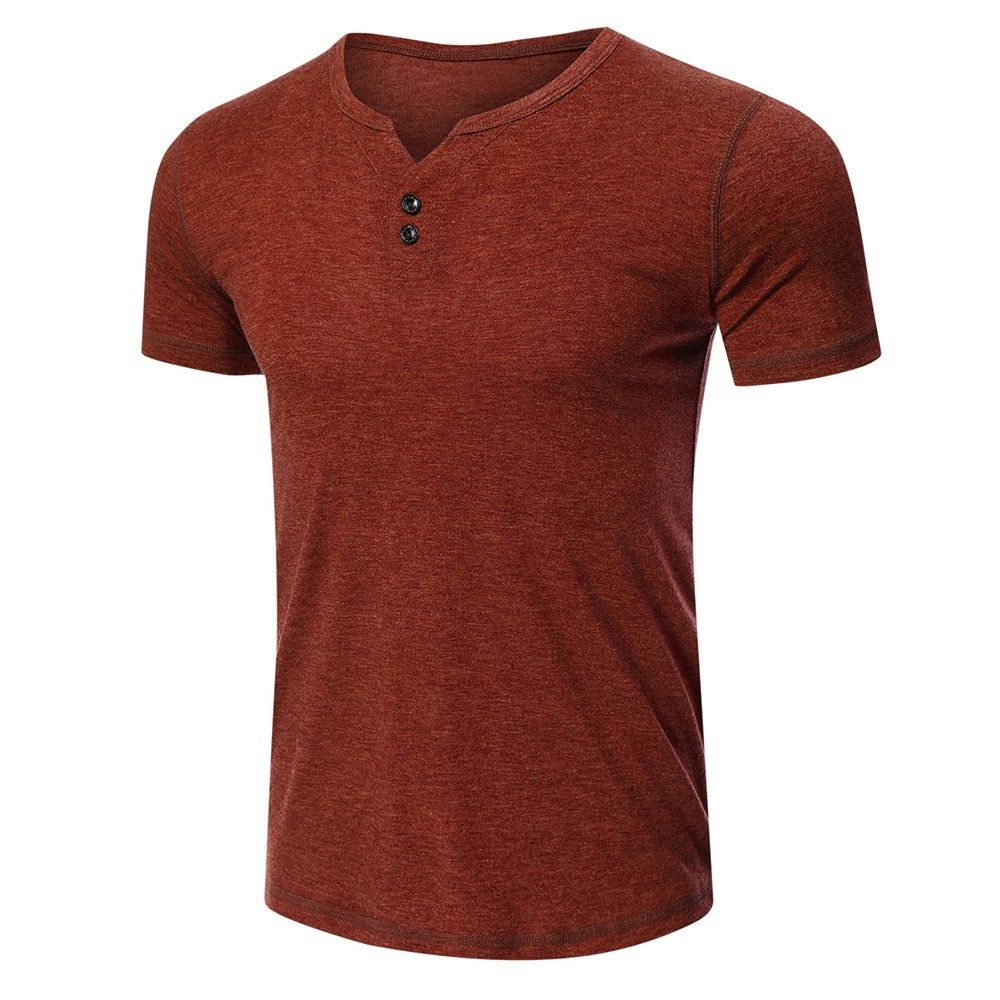 Men Short Sleeved T-shirt O Neck Buttons Solid Street Summer Tees Casual Tops-burgundy