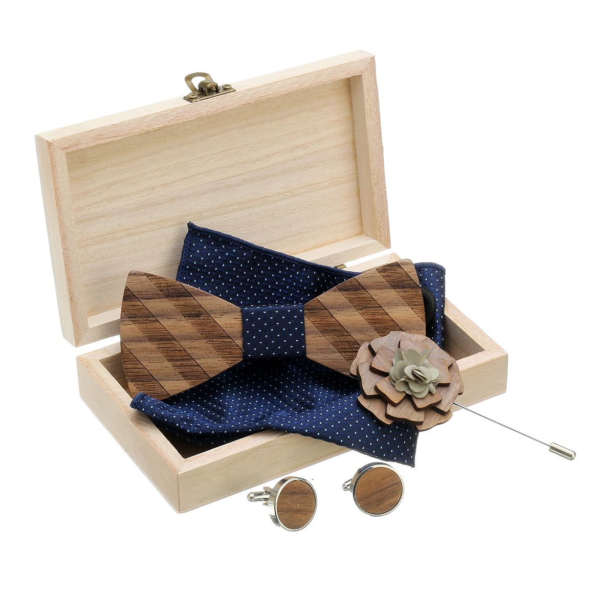 Wooden Bow Tie Handkerchief Cufflink Kit Wedding Men Gift