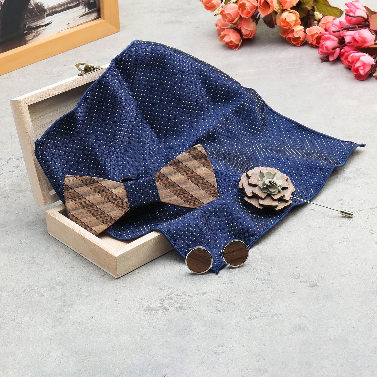 Wooden Bow Tie Handkerchief Cufflink Kit Wedding Men Gift