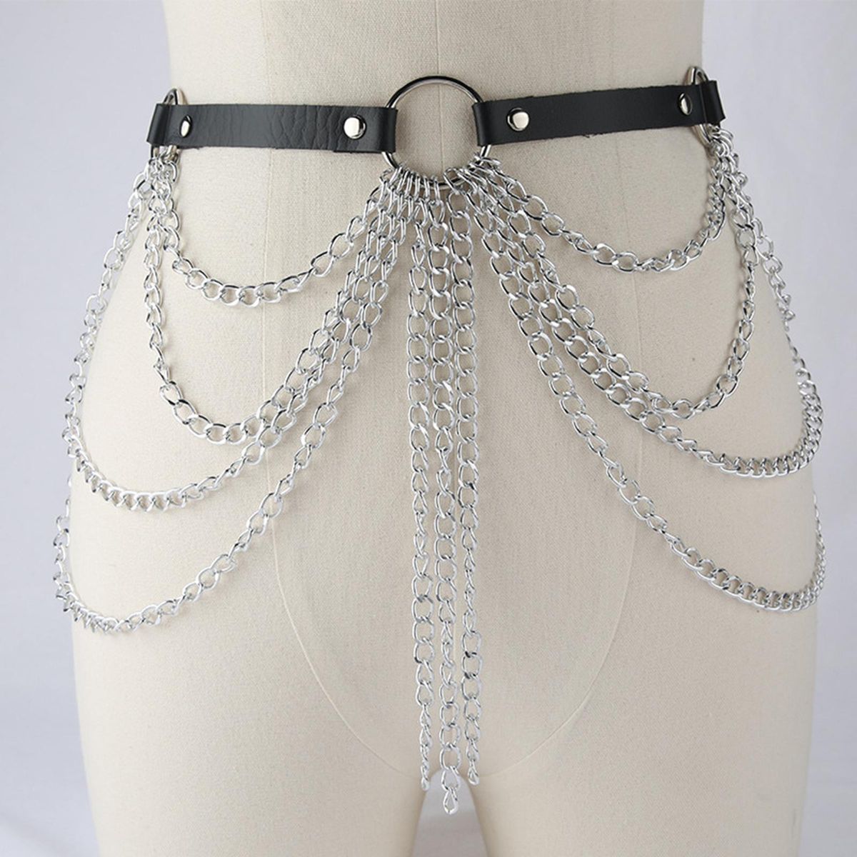 Layered Tassel Waist Chain Metal Chain, Leather Belt