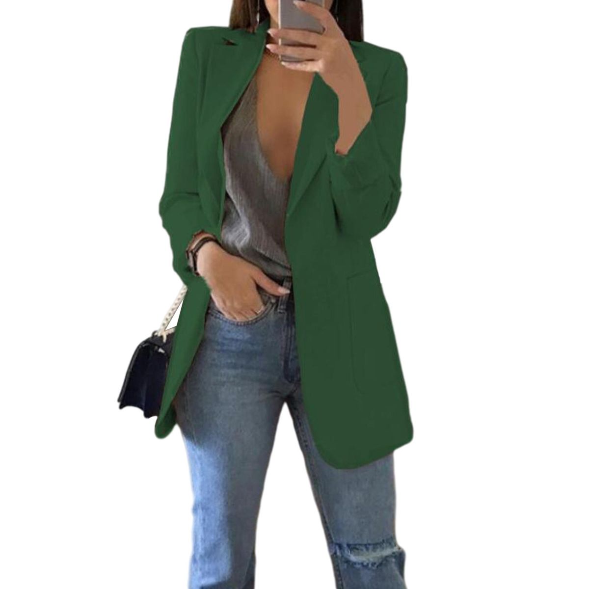 Women Cardigan Lapel Work Jacket Lightweight Casual Suits Dark Green L