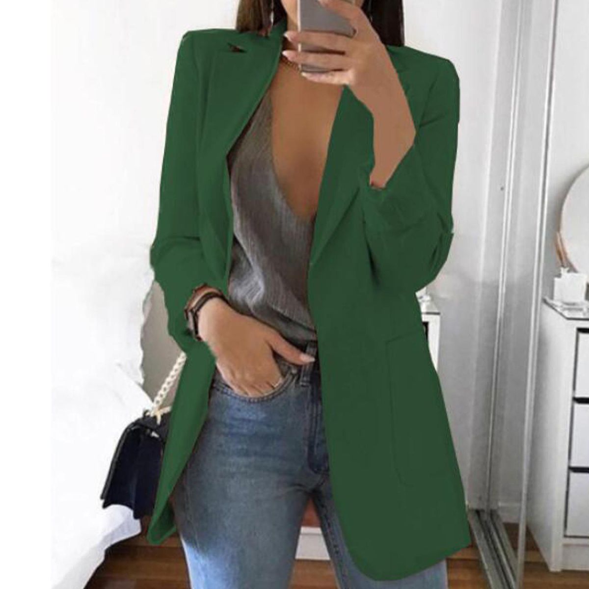 Women Cardigan Lapel Work Jacket Lightweight Casual Suits Dark Green L