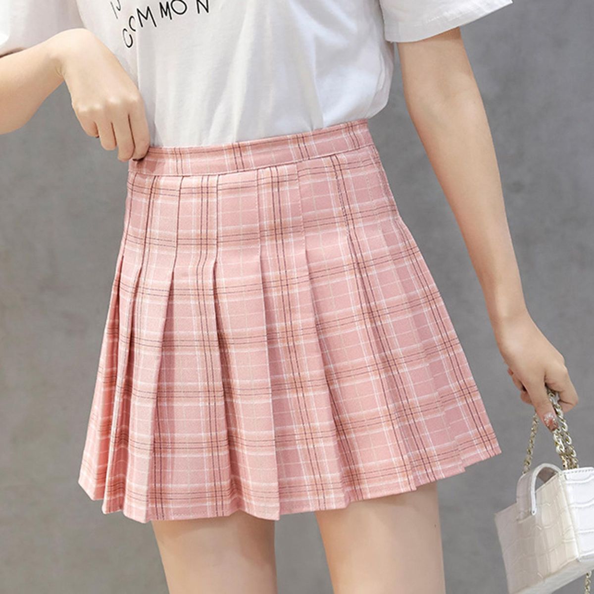 Women's High Waist Pleated Tennis Plaid Mini Skater Skirt Pink M