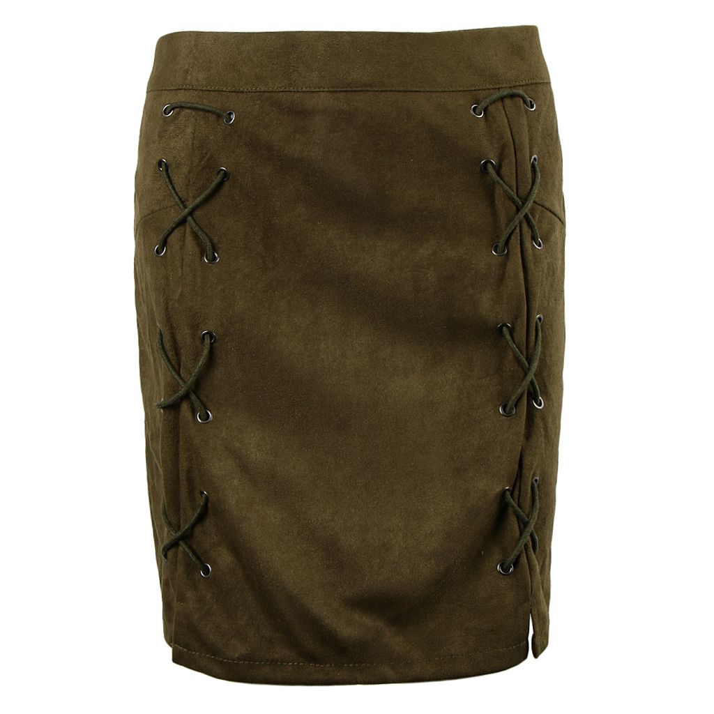 High Waist Lace Up Suede Slim Mini Skirt Short Bodycon A Dark Green M