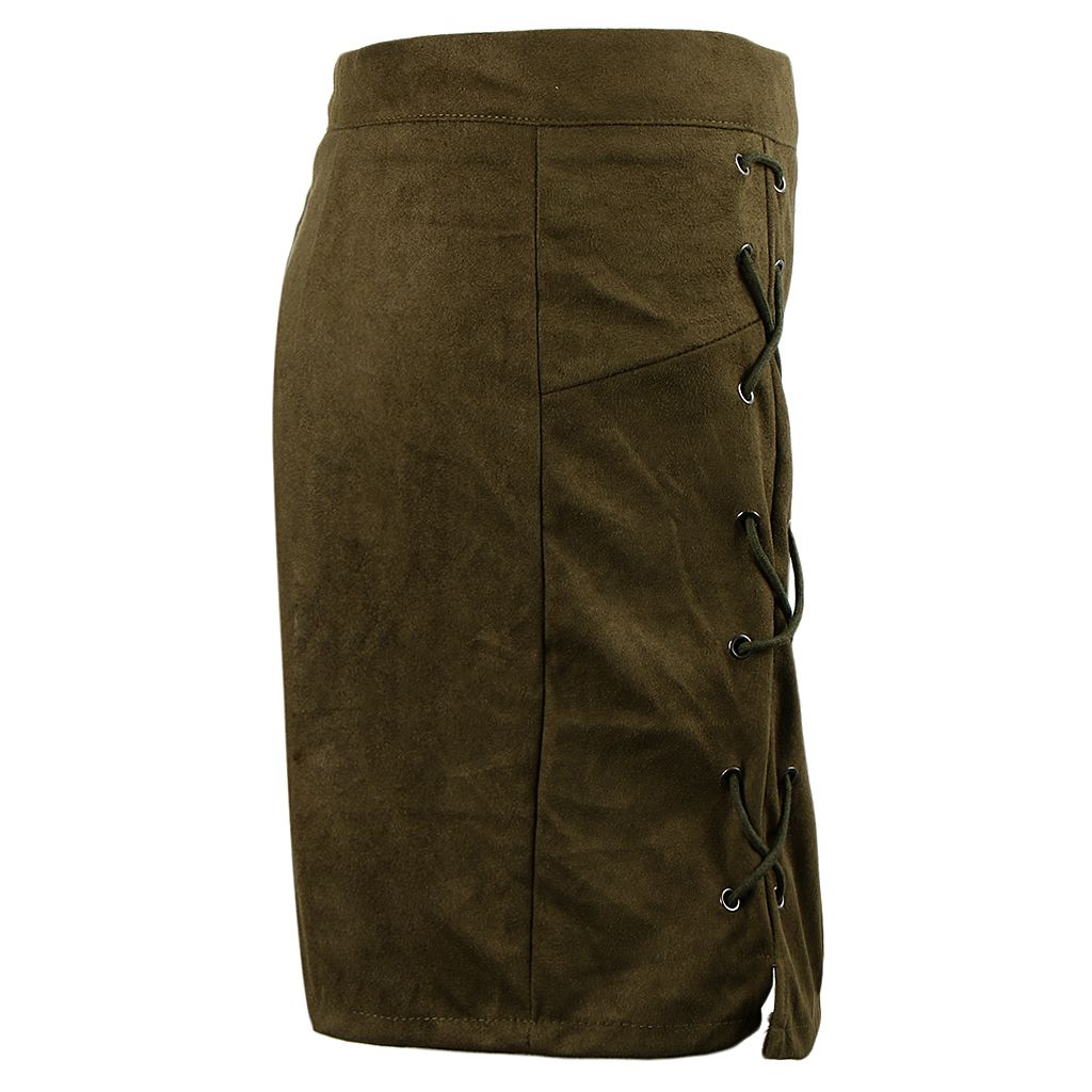 High Waist Lace Up Suede Slim Mini Skirt Short Bodycon A Dark Green M