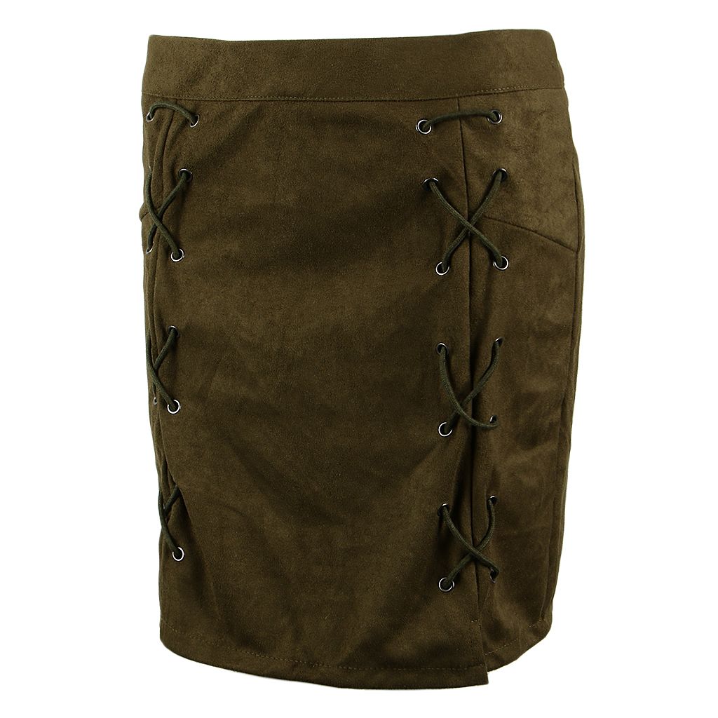 High Waist Lace Up Suede Slim Mini Skirt Short Bodycon A Dark Green M