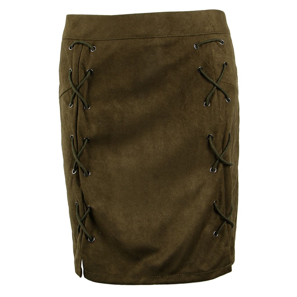 High Waist Lace Up Suede Slim Mini Skirt Short Bodycon A Dark Green M