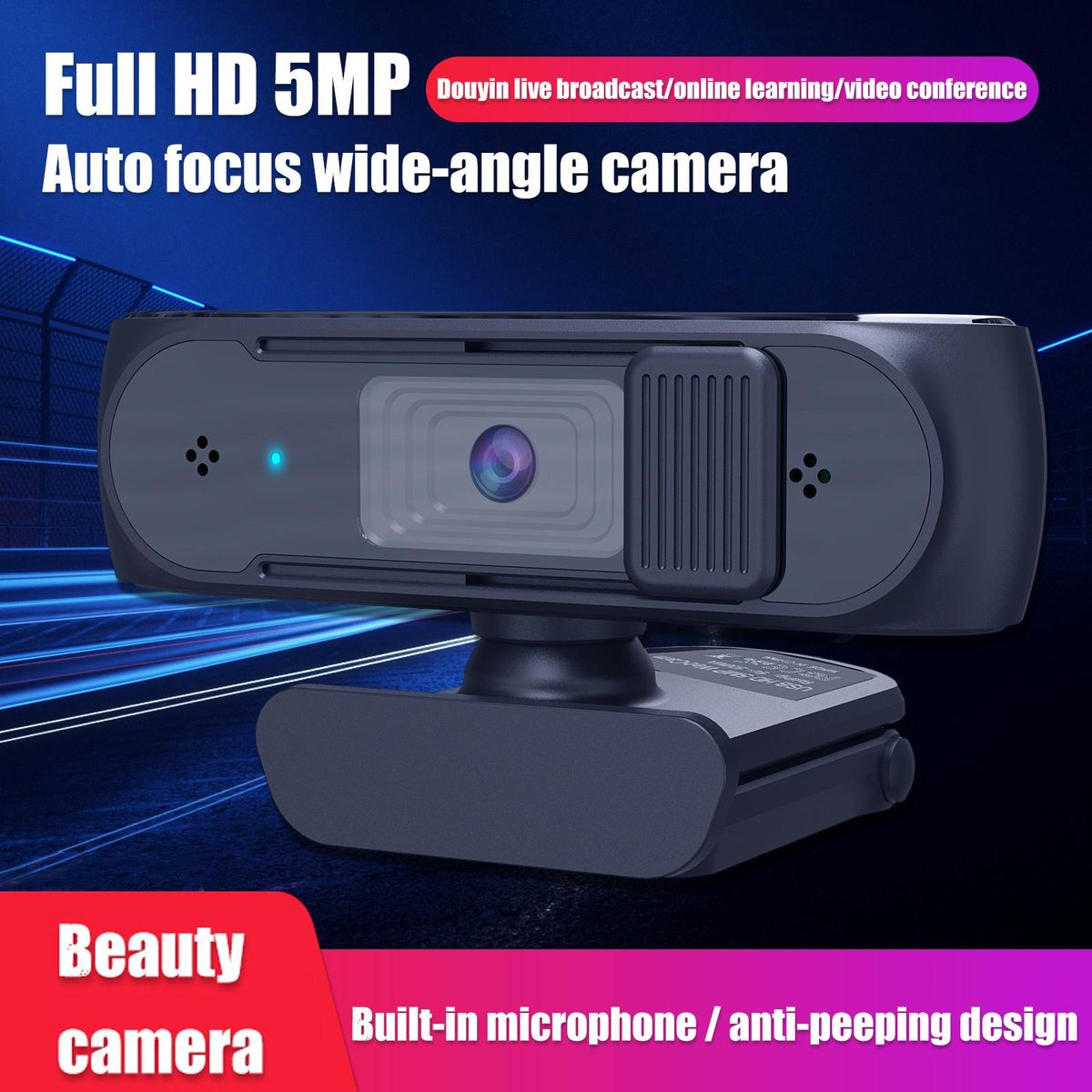 HXSJ S2 USB Webcam 2.5K PC 5MP Webcam with AF Light Correction and Dual Mics for Video, Teaching with Privacy Cover Black