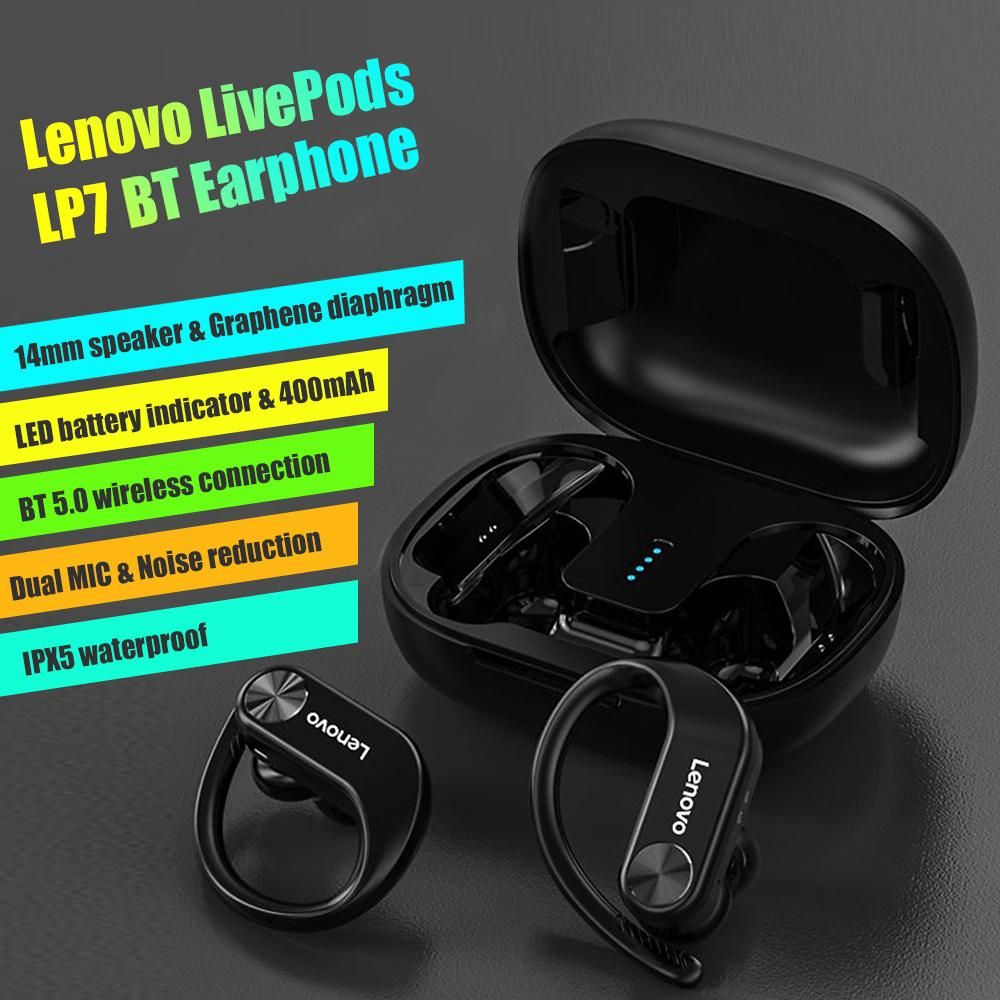 Lenovo LivePods LP7 Ear-hook Headphones BT 5.0 Wireless Earphones with 14mm Driver/Noise Canceling MIC/IPX5 Waterproof/400mAh & LED Power Display Handfree Sport Headsets with MIC for Gym Running Compatible with iOS Android