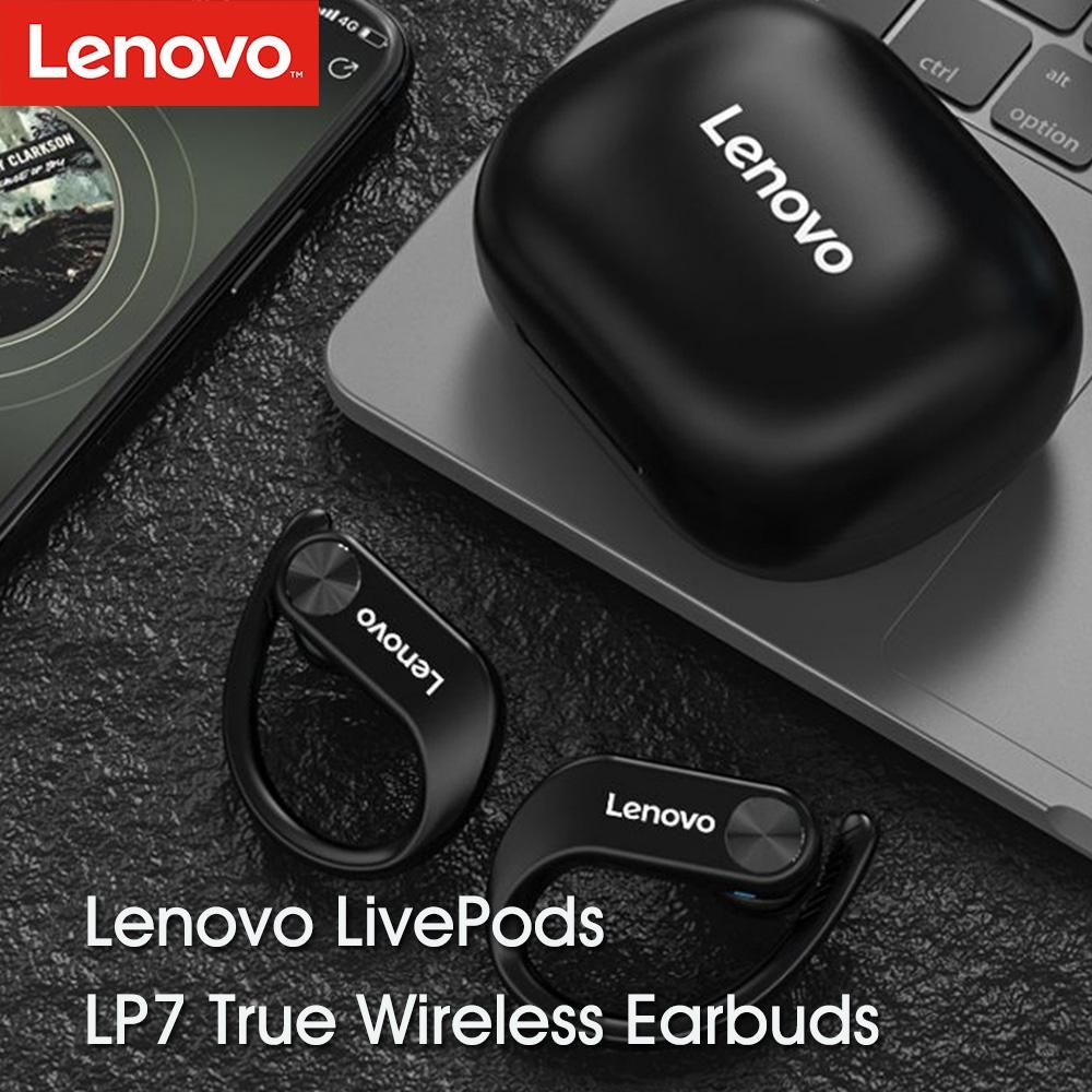 Lenovo LivePods LP7 Ear-hook Headphones BT 5.0 Wireless Earphones with 14mm Driver/Noise Canceling MIC/IPX5 Waterproof/400mAh & LED Power Display Handfree Sport Headsets with MIC for Gym Running Compatible with iOS Android