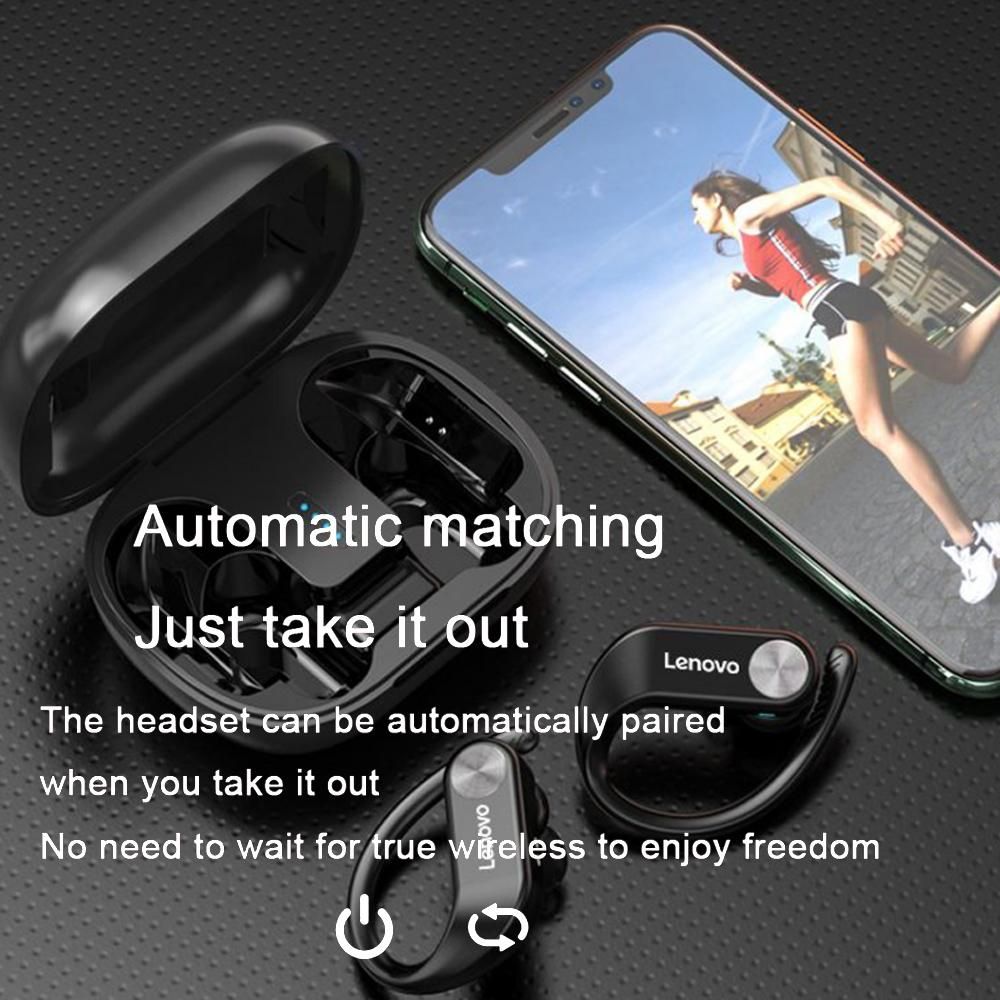 Lenovo LivePods LP7 Ear-hook Headphones BT 5.0 Wireless Earphones with 14mm Driver/Noise Canceling MIC/IPX5 Waterproof/400mAh & LED Power Display Handfree Sport Headsets with MIC for Gym Running Compatible with iOS Android