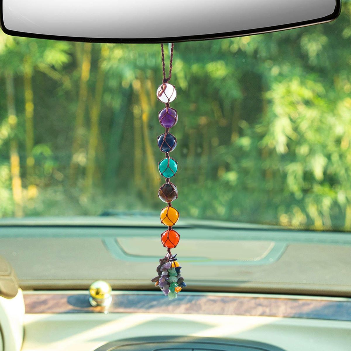 7 Chakra Pendant Round Balls Gemstone Tassel Spiritual Meditation Window Car Interior Hanging Ornament