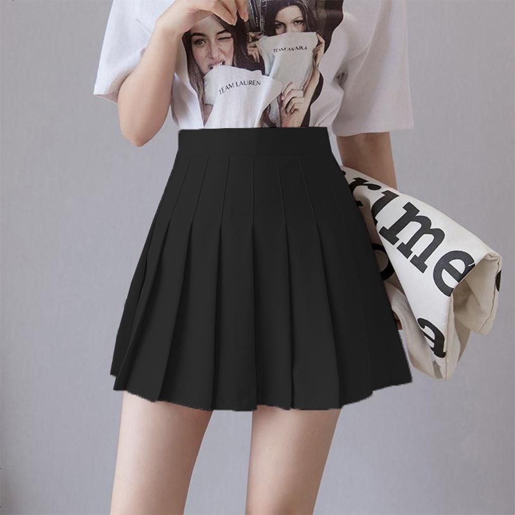 Women Skater Pleated Skirt High Waisted   Mini Skirts Black XXL