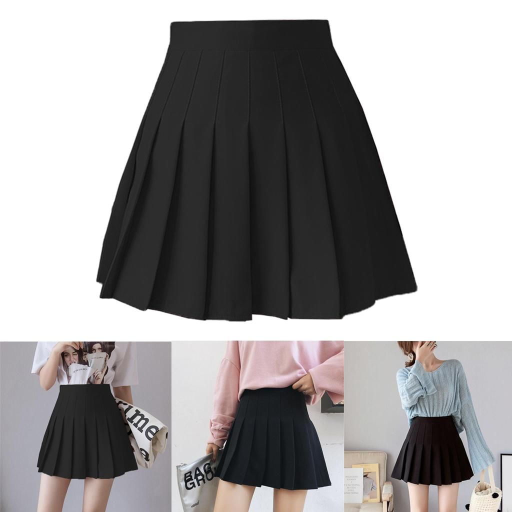 Women Skater Pleated Skirt High Waisted   Mini Skirts Black XXL