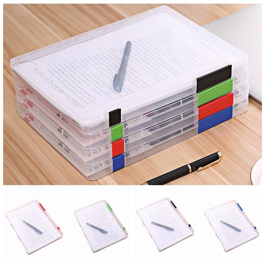 2 PCS A4 Size Transparent Storage Box Clear Plastic Document Paper Filling File Case Portable Ducoment Storage Holder(Red)