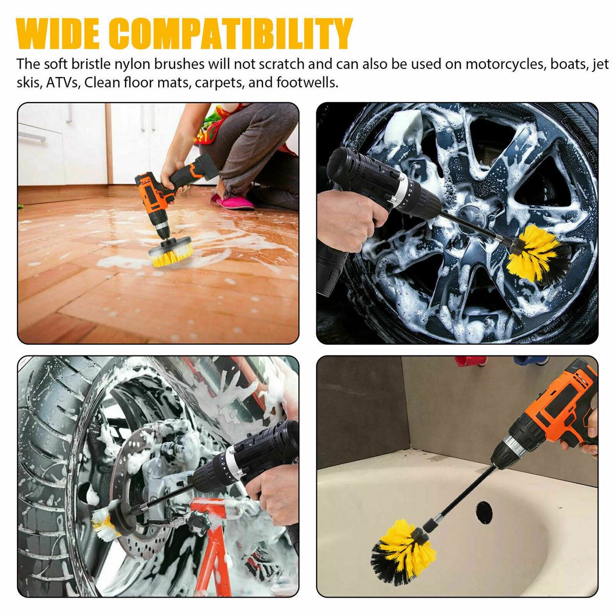 4Pcs Detailing Drill Brush Kit Car Wash Brush Hard Bristle