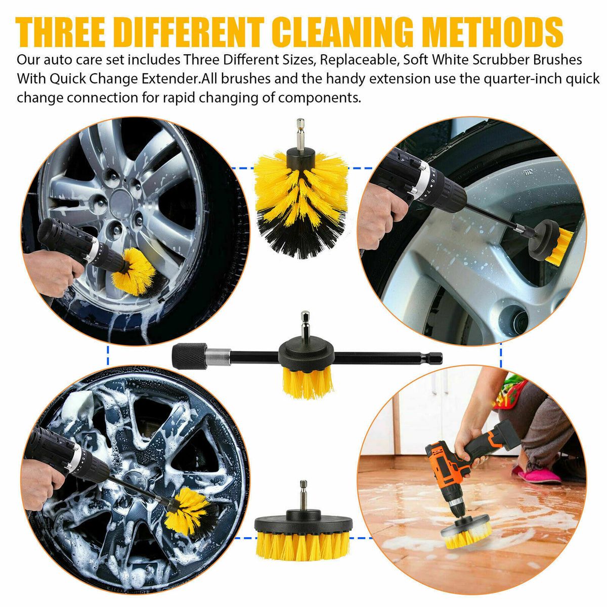4Pcs Detailing Drill Brush Kit Car Wash Brush Hard Bristle