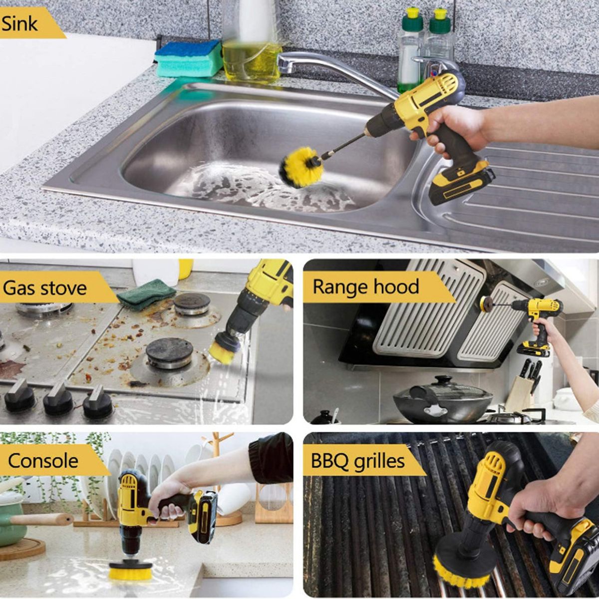 4Pcs Detailing Drill Brush Kit Car Wash Brush Hard Bristle