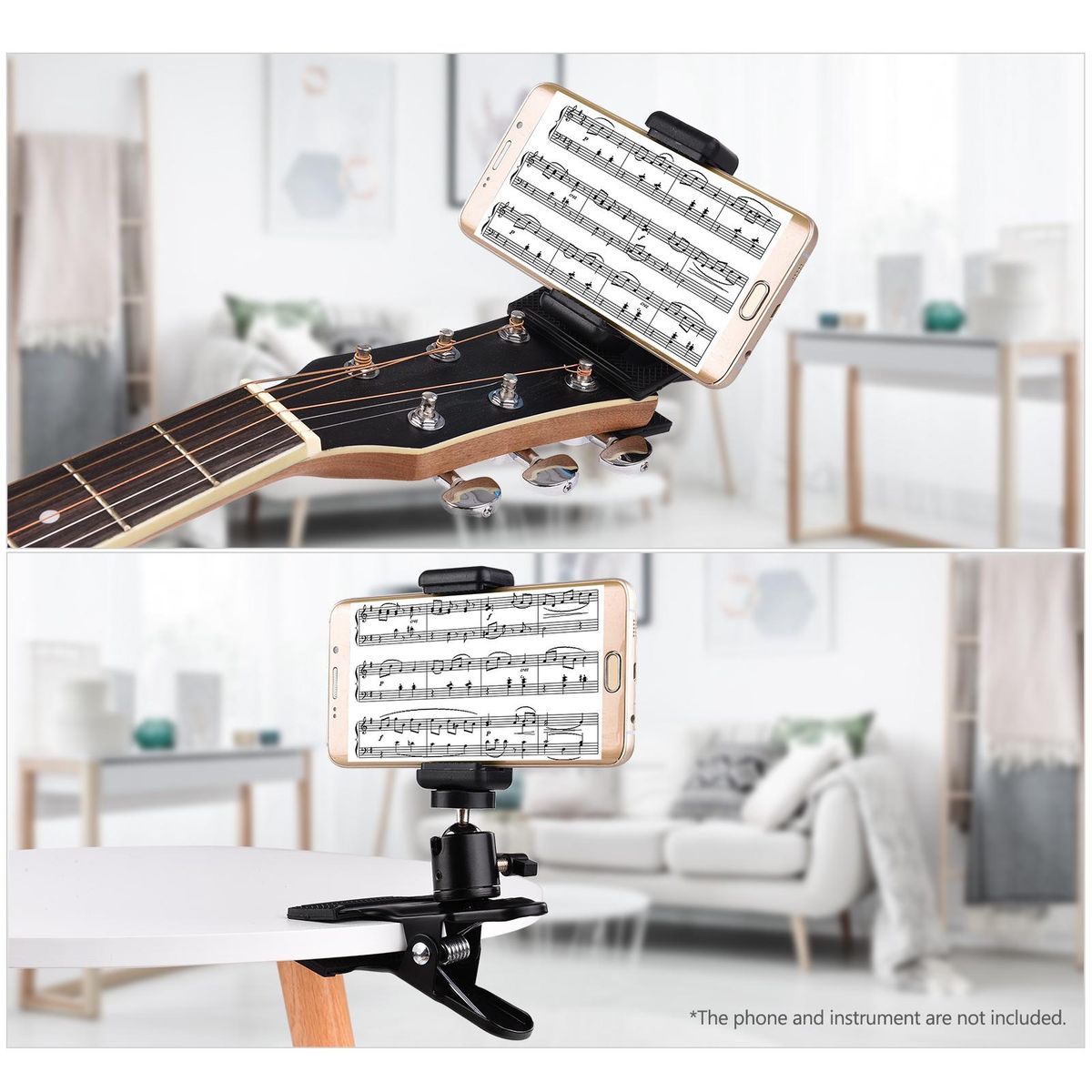 Clip-on Phone Holder Musical Instrument Phone Mount Stand with 360 Degree Rotatable Ball Head for Bass Guitar Head
