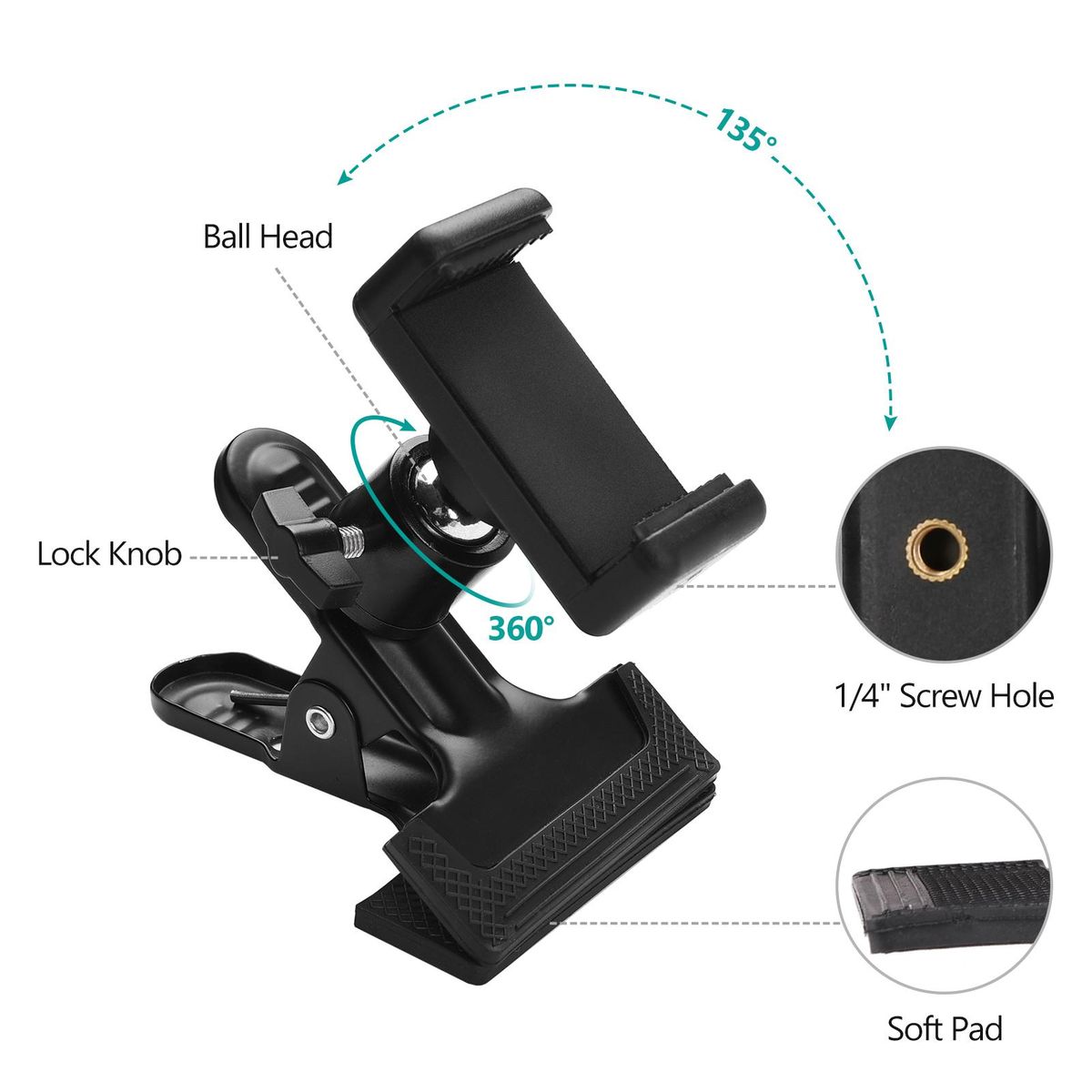 Clip-on Phone Holder Musical Instrument Phone Mount Stand with 360 Degree Rotatable Ball Head for Bass Guitar Head
