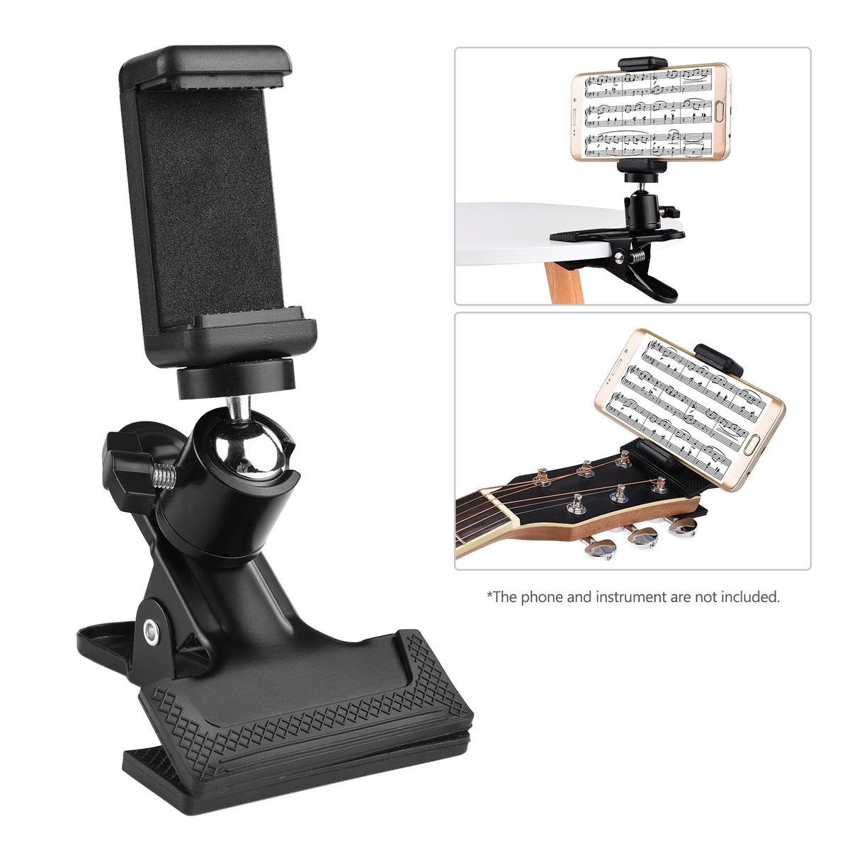 Clip-on Phone Holder Musical Instrument Phone Mount Stand with 360 Degree Rotatable Ball Head for Bass Guitar Head