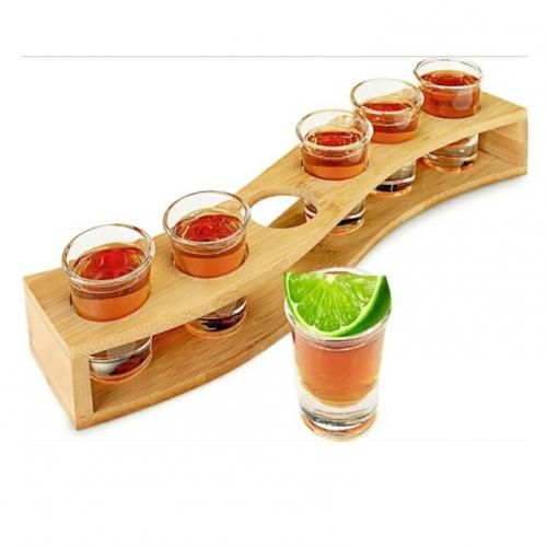 6 Solid Tequila Shot Glasses With Wooden Holder