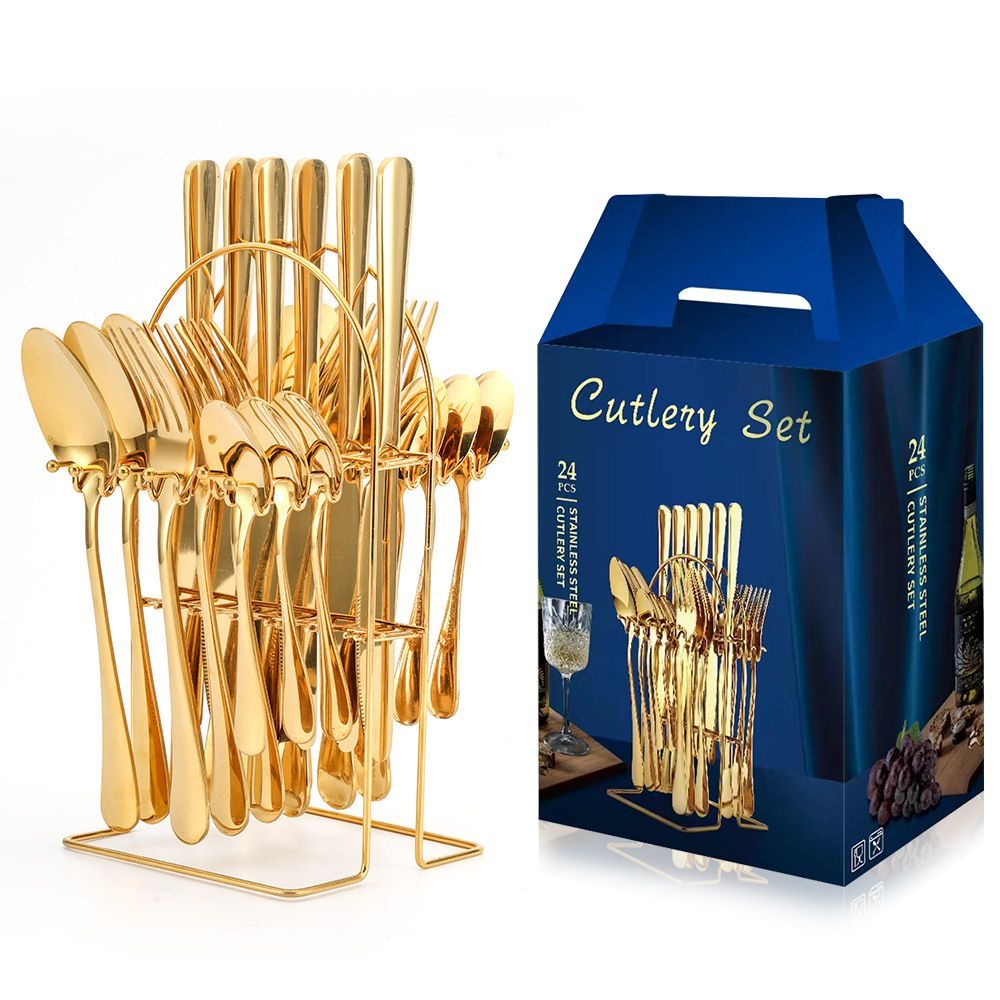 Original 24Pcs Gold Cutlery Set - Plated Steel Spoon & Fork