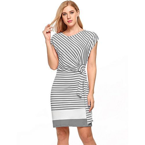Women's Cap Sleeve Striped Side Draped Tie-Belt Slim Fit Sheath Dress-Gray