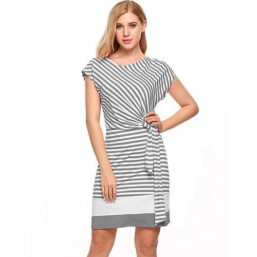 Women's Cap Sleeve Striped Side Draped Tie-Belt Slim Fit Sheath Dress-Gray