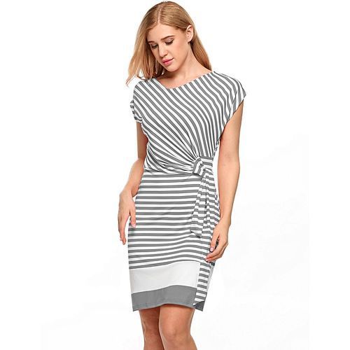 Women's Cap Sleeve Striped Side Draped Tie-Belt Slim Fit Sheath Dress-Gray