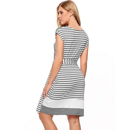 Women's Cap Sleeve Striped Side Draped Tie-Belt Slim Fit Sheath Dress-Gray