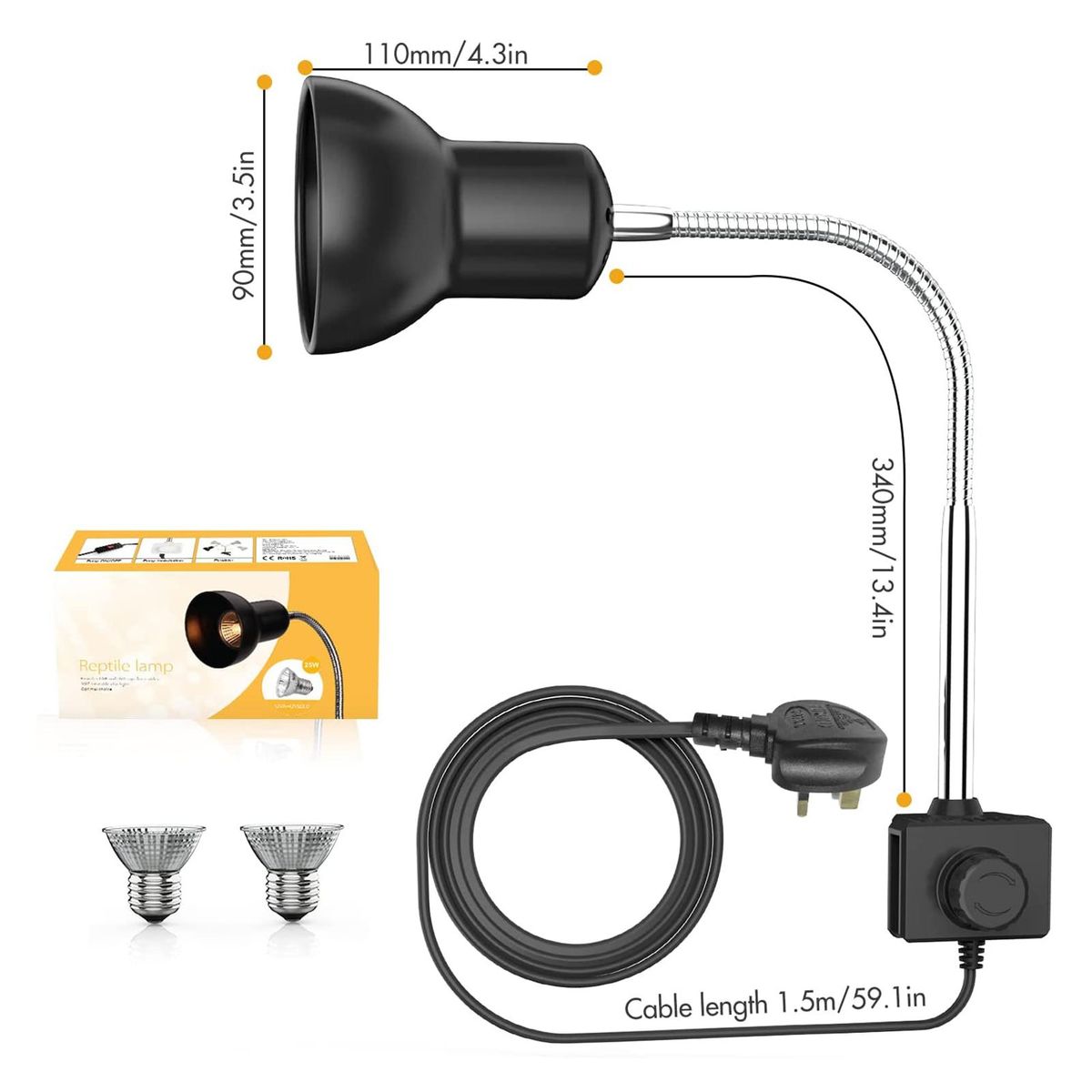 25W Heat Lamp with Holder UVA UVB Basking Lamp with 360° Rotatable Clip & Power Adapter for Reptiles, Lizard, Turtle Snak Aquarium