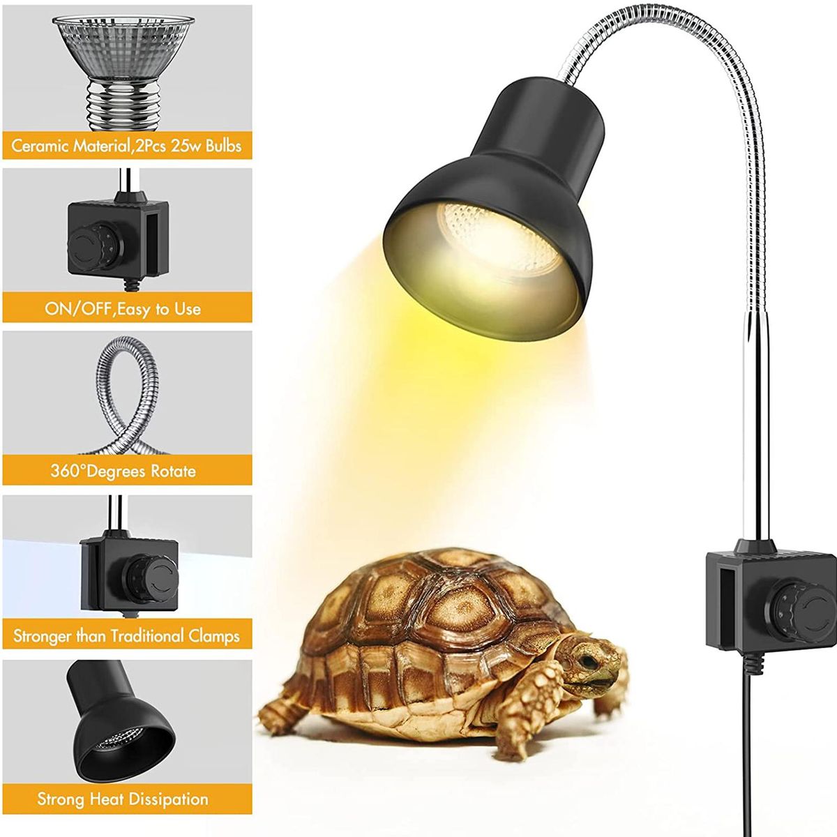 25W Heat Lamp with Holder UVA UVB Basking Lamp with 360° Rotatable Clip & Power Adapter for Reptiles, Lizard, Turtle Snak Aquarium