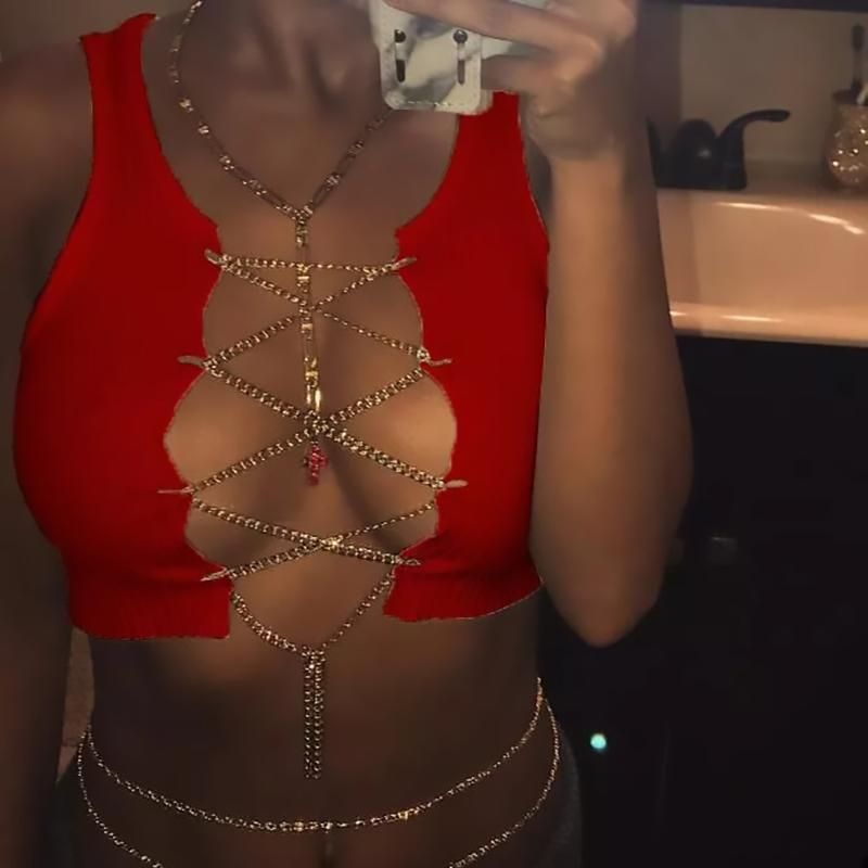 Metal Chain Top Women Top Short Sleeveless Sexy for Adjustable Discotheque with Lace-Up Sleeveless Shirts Camisole