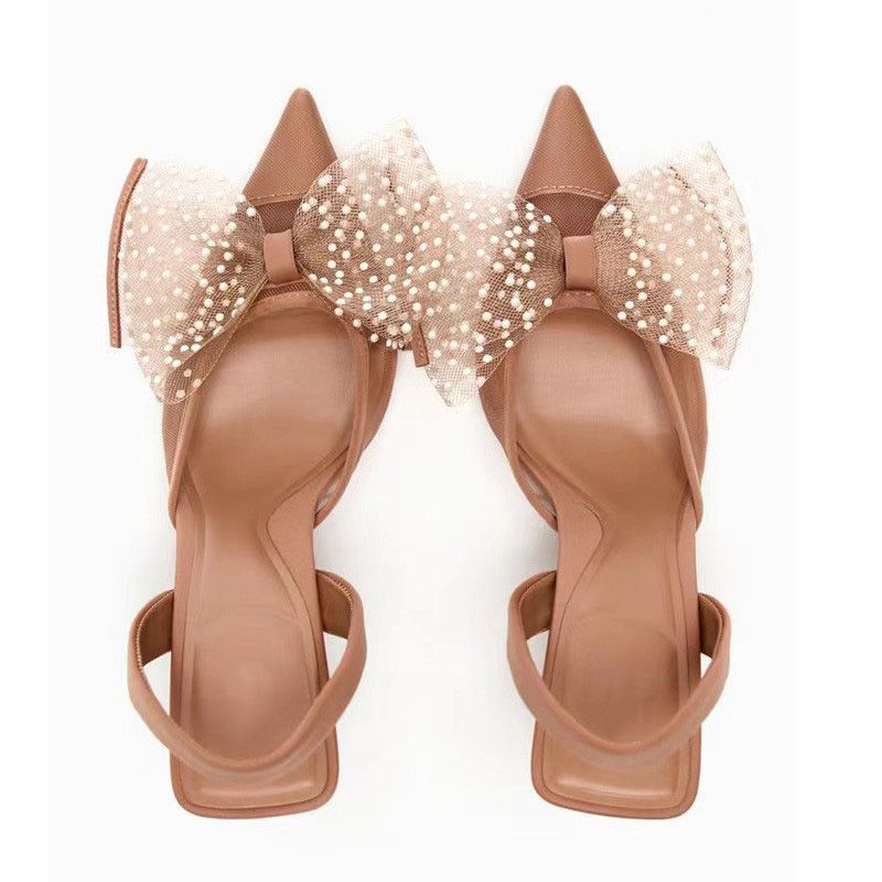 (Beige)TRAF Woman Pumps Butterfly High Heels Summer 2023 Women Slingback Wedding Bride Bow Hee JIN