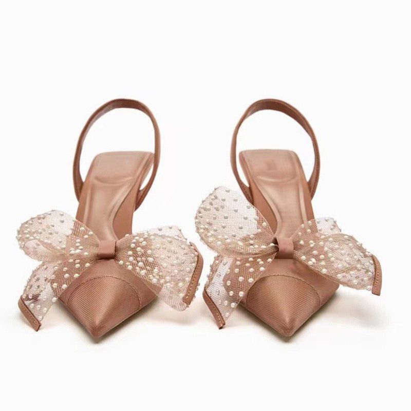 (Beige)TRAF Woman Pumps Butterfly High Heels Summer 2023 Women Slingback Wedding Bride Bow Hee JIN