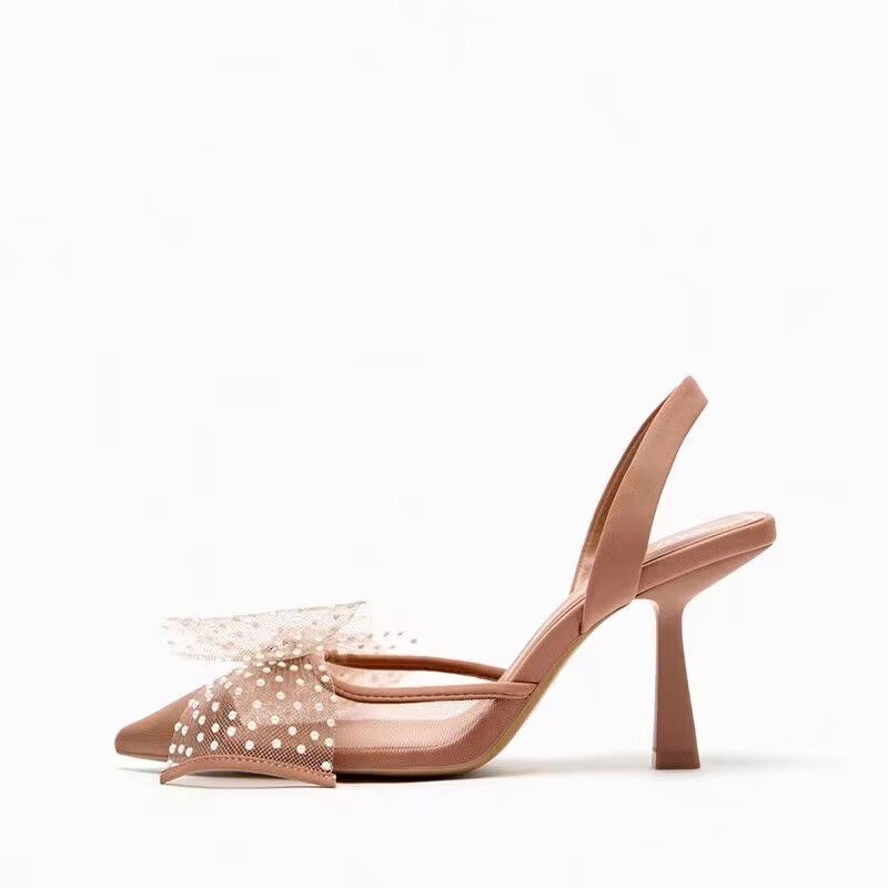 (Beige)TRAF Woman Pumps Butterfly High Heels Summer 2023 Women Slingback Wedding Bride Bow Hee JIN
